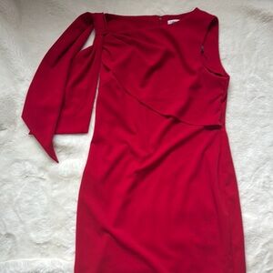 Calvin Klein Red Asymmetrical Tied Shoulder Cocktail Dress